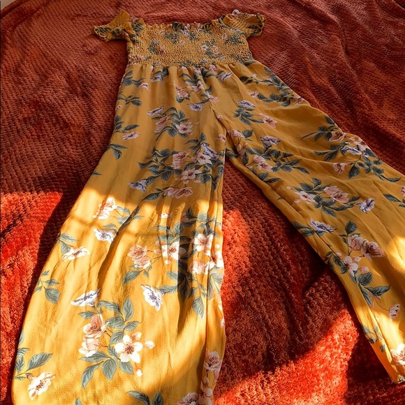 Floral, Gold/Mustard Off the Shoulder Jumpsuit - Picture 2 of 4